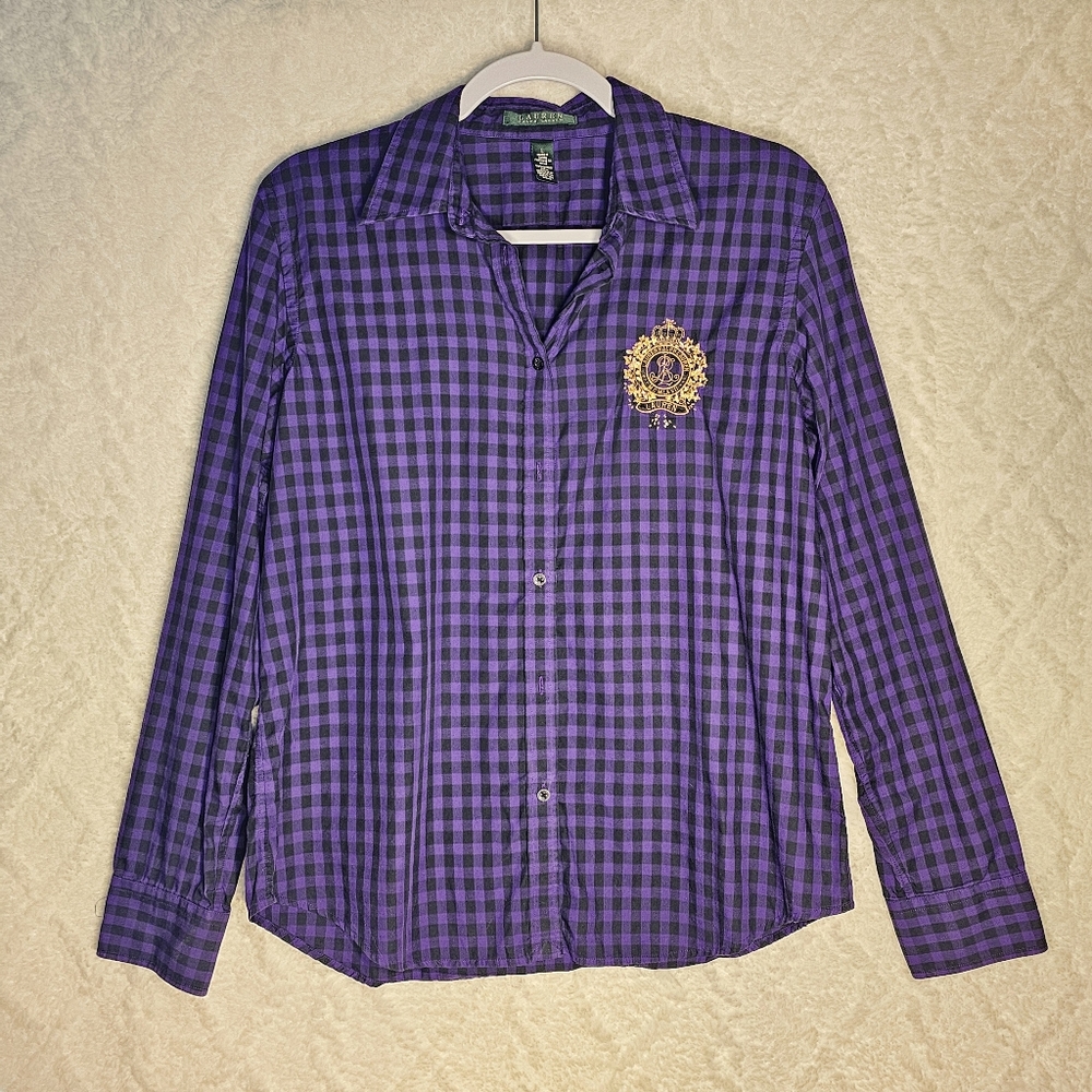 Lauren Ralph Lauren * Button Up Dress Shirt * Womens L *Purple Black Block *Logo